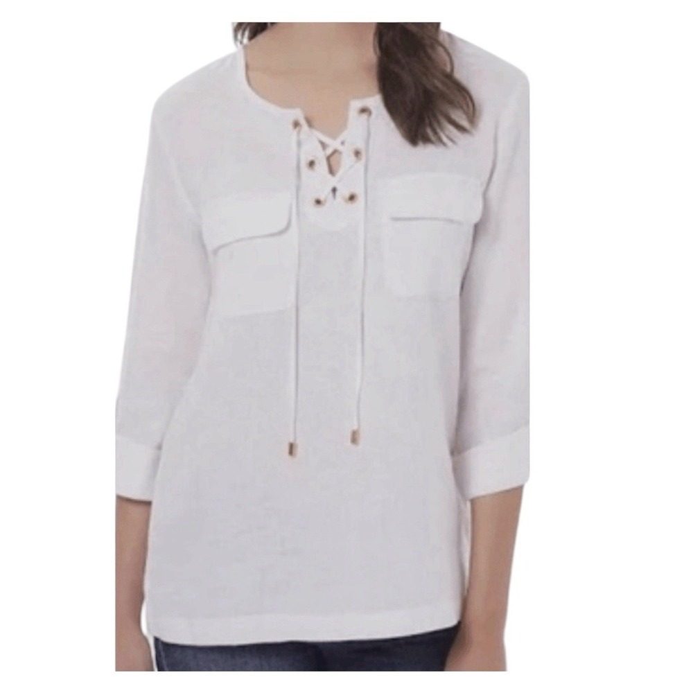 Women's Ellen Tracy Linen Popover Top  White Beachy Size‎ XXL Lace Up Pockets